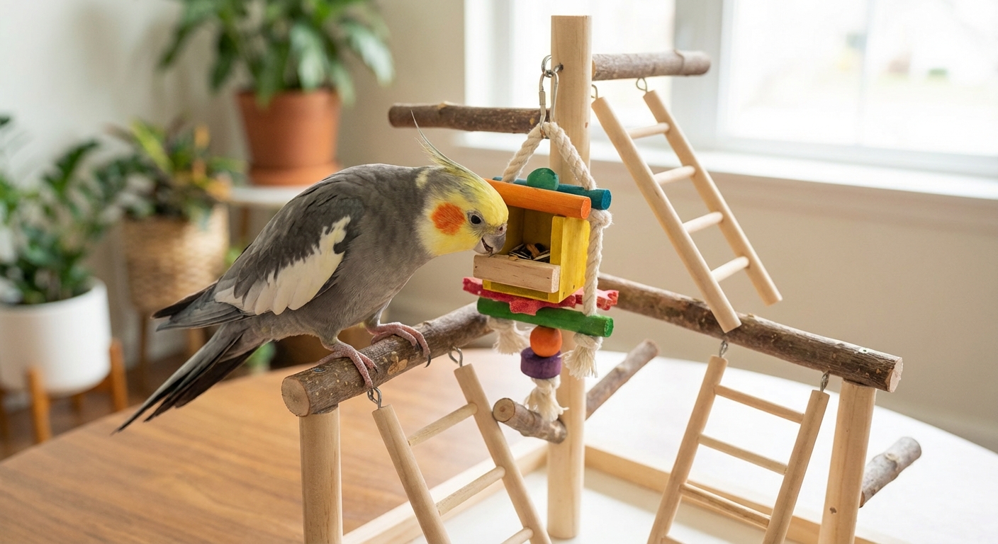 A cockatiel exploring a small foraging toy on a tabletop play stand