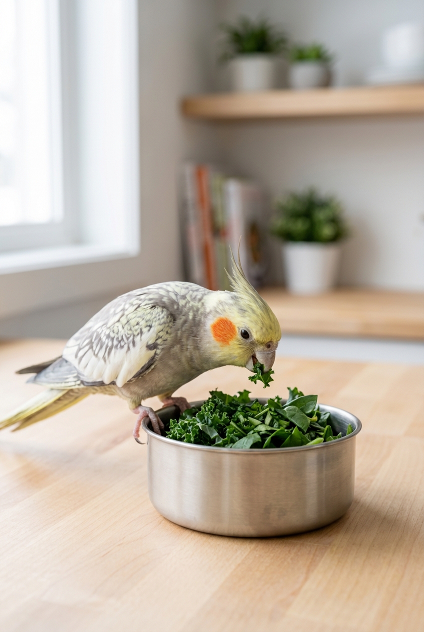 A cockatiel nibbling chopped leafy greens from a stainless steel food bowl