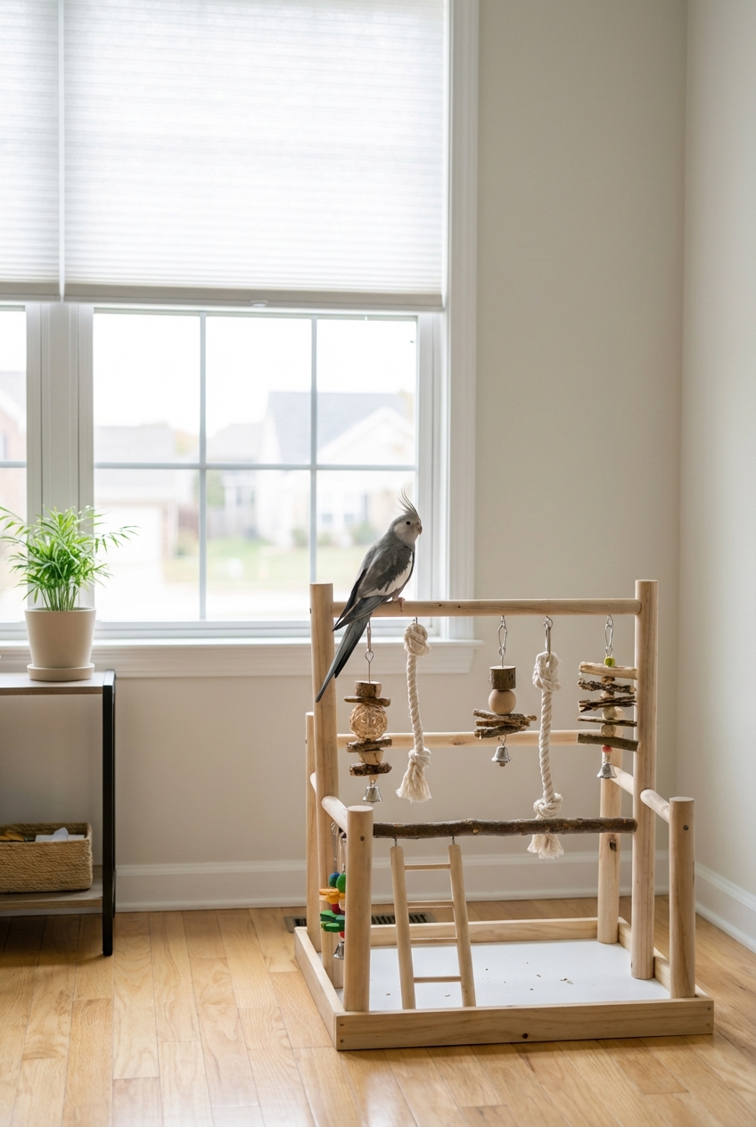 A cockatiel perched on a play stand in a bird-safe room with a closed window in the background