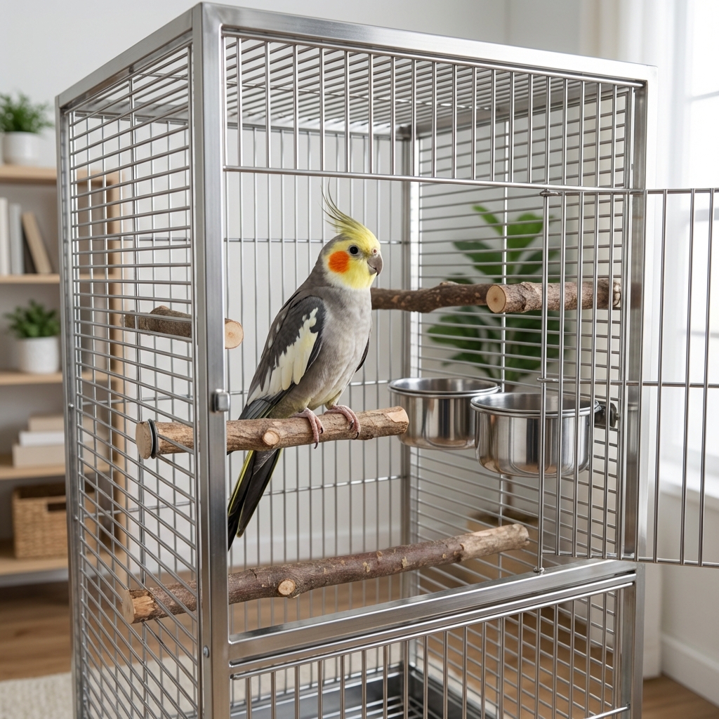 A cockatiel standing inside a clean cage with natural wood perches and stainless steel bowls