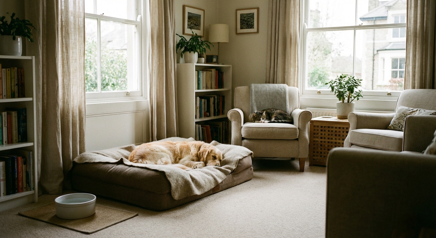A comfortable dog bed in a quiet living room with a water bowl nearby and soft natural light