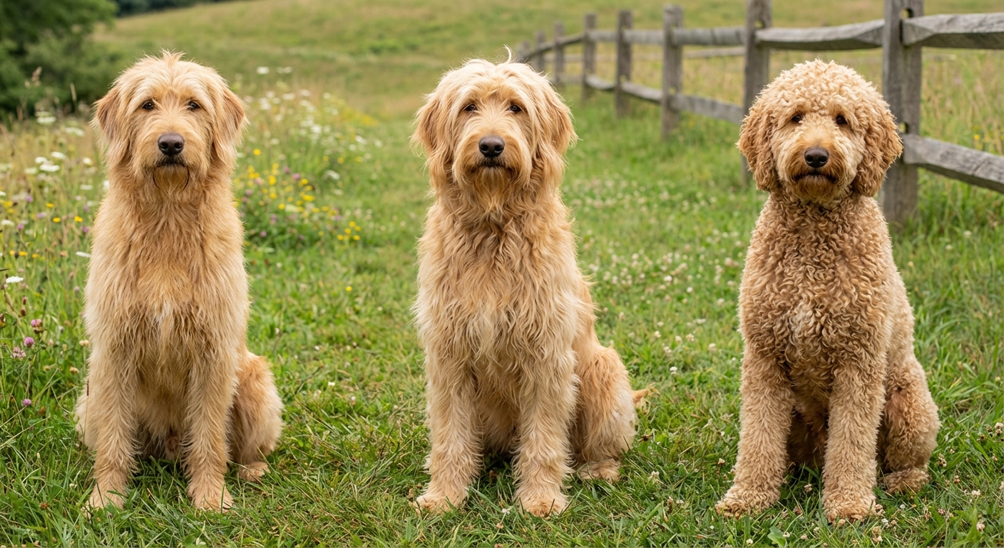 A comparison image showing three Goldendoodles: one with a straight coat, one wavy, and one curly