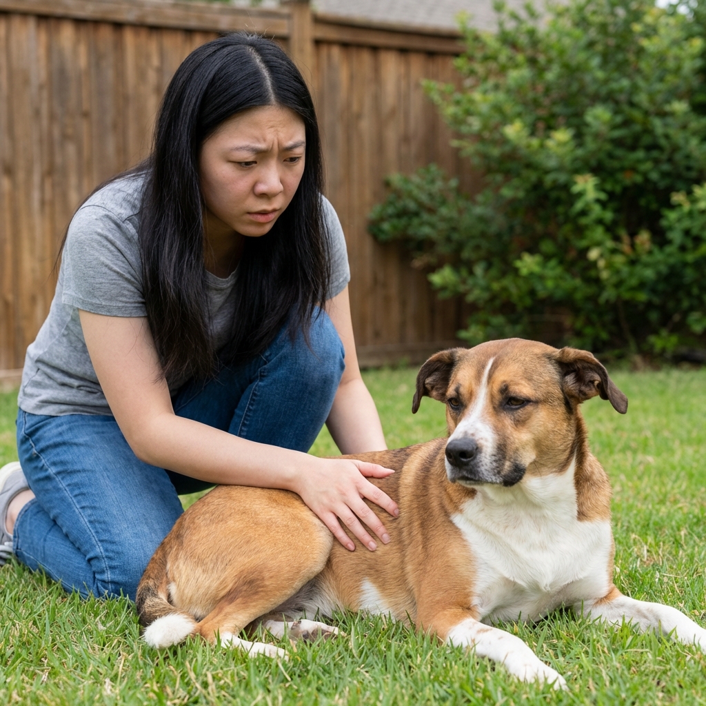A concerned dog owner kneeling beside a medium-sized dog on grass outdoors