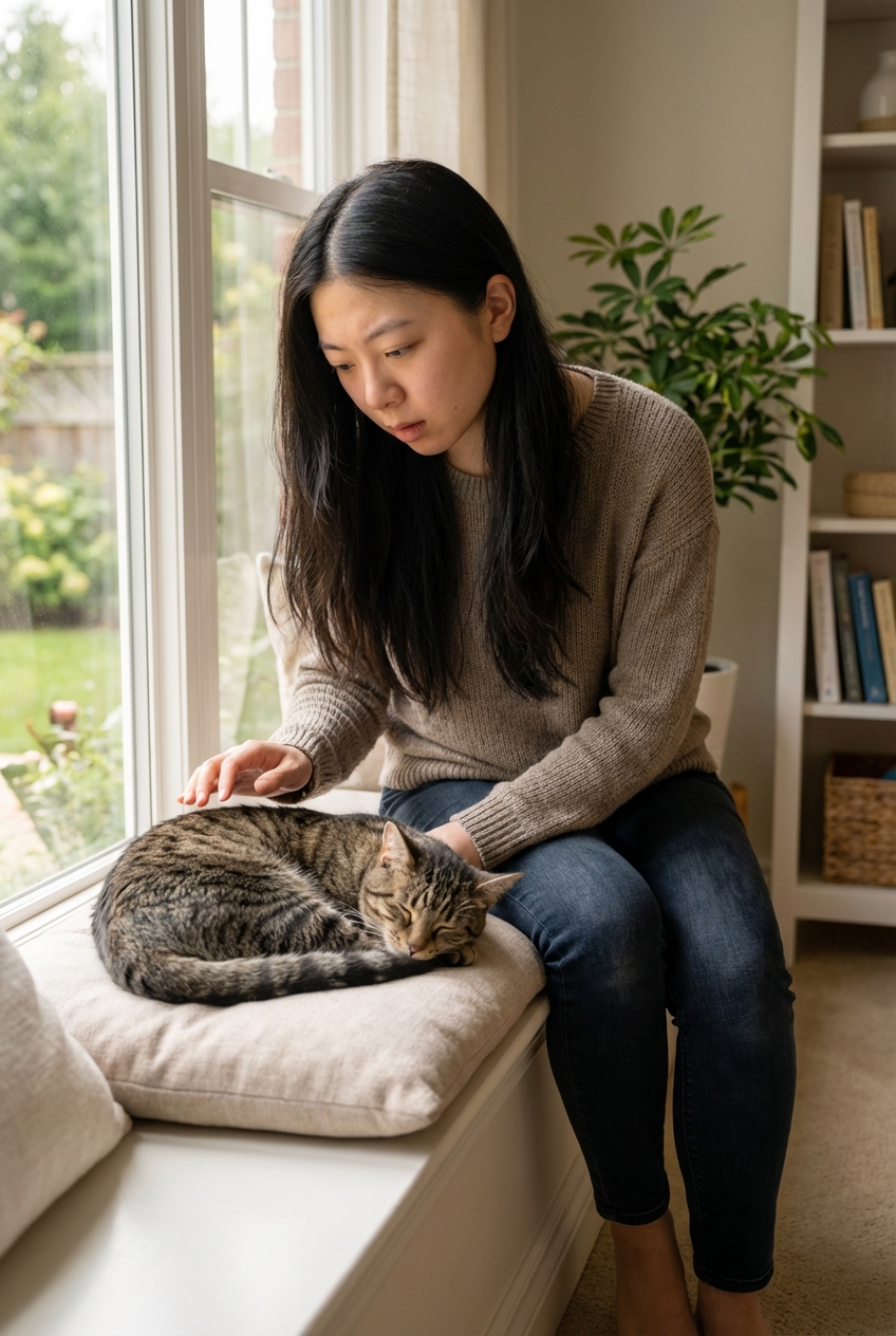 A concerned owner gently observing a cat resting in a quiet room near a window