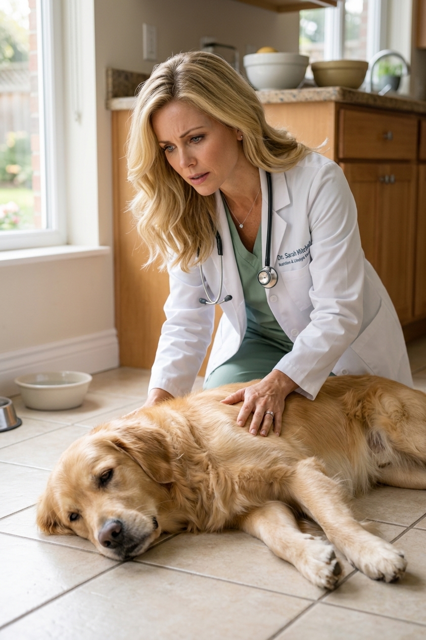 A concerned owner kneeling beside a lethargic dog lying on a kitchen floor, natural indoor light, realistic photography