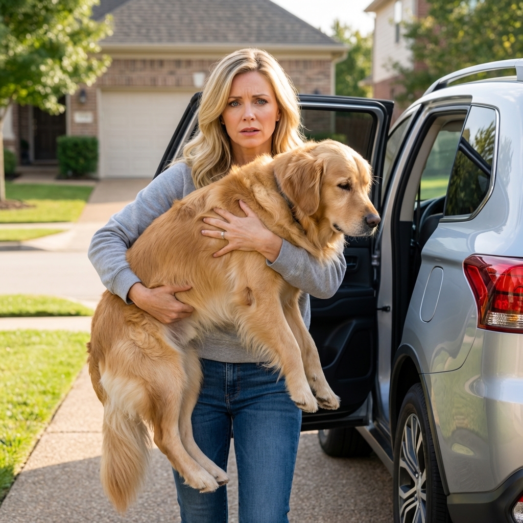A concerned pet owner carrying a large dog carefully toward an open car door in a suburban driveway, realistic photography style