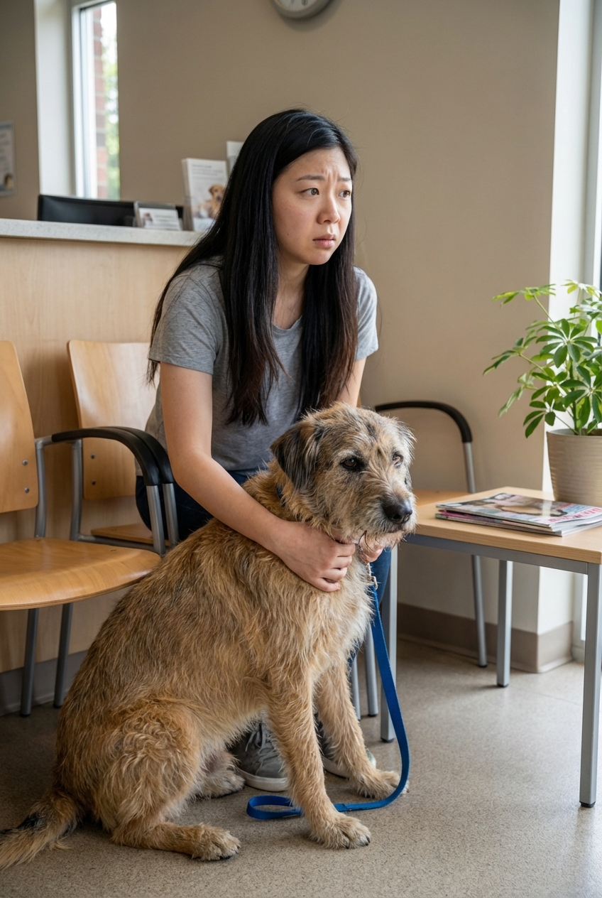 A concerned pet owner holding a dog on a leash in a veterinary clinic waiting room