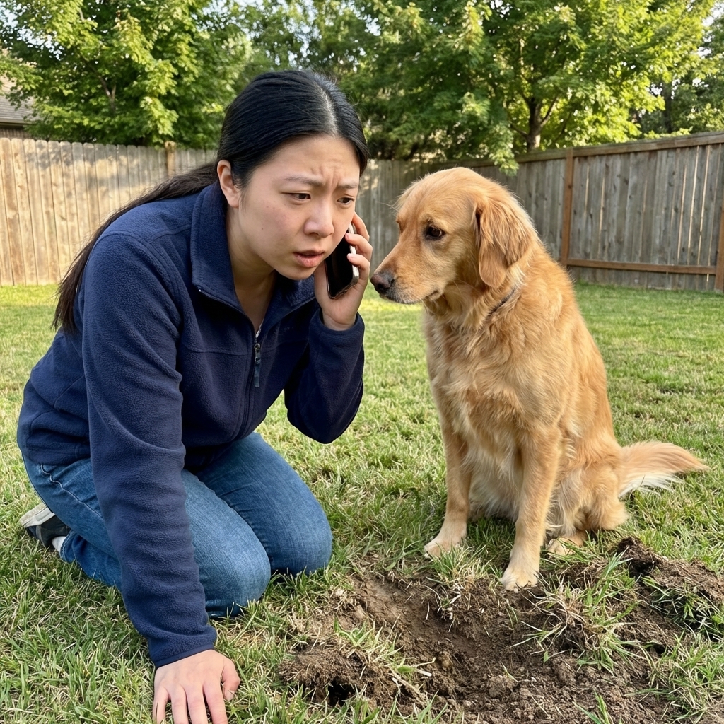 A concerned pet owner kneeling beside a dog outdoors near a small patch of disturbed grass, calling a veterinarian on a phone, candid real-life pet care moment