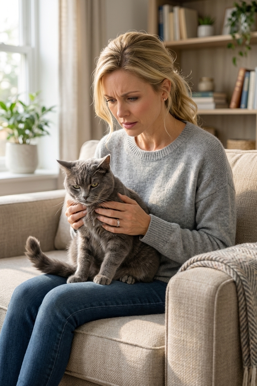A concerned pet owner sitting on a sofa gently supporting a domestic shorthair cat while the cat looks uncomfortable, realistic home setting, natural light