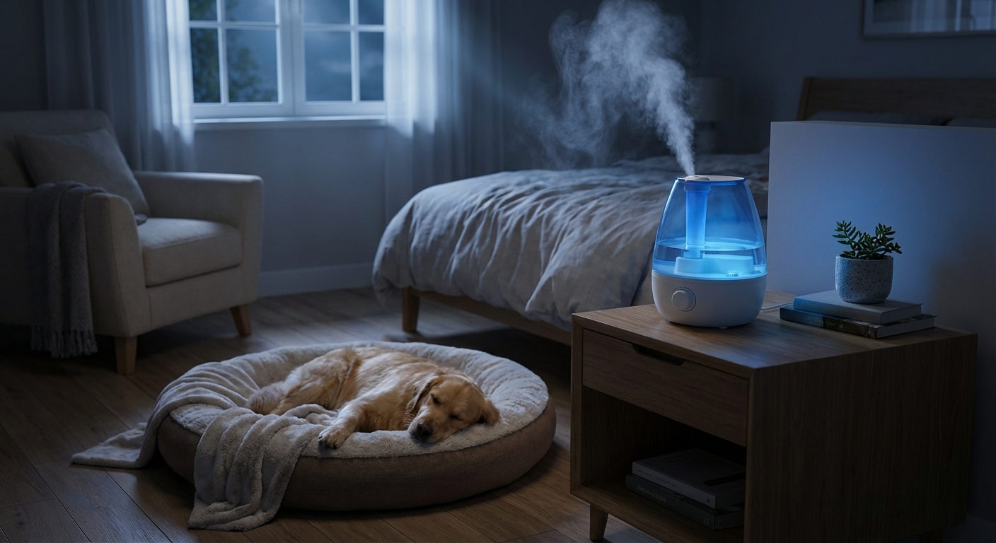 A cool-mist humidifier running next to a dog bed in a quiet bedroom at night