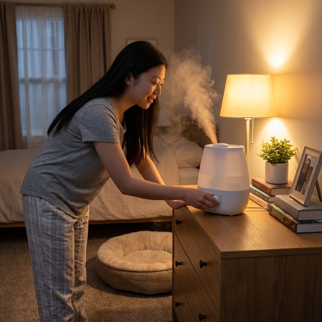 A cool-mist humidifier running on a bedroom dresser next to a dog bed, soft evening light, calm home setting, photorealistic