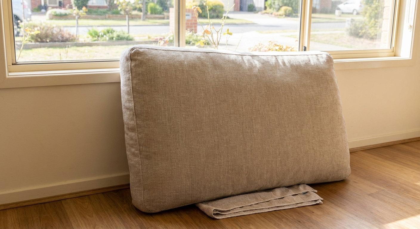 A couch cushion propped upright near a window to air dry after cleaning