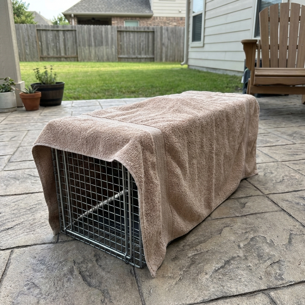 A covered humane box trap placed on a patio with a towel draped over it