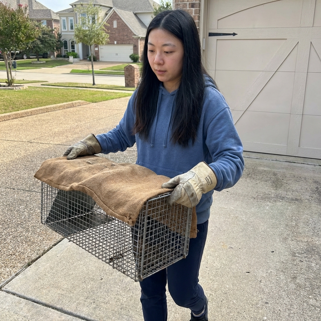 A covered humane trap being carried by a person wearing gloves in a driveway