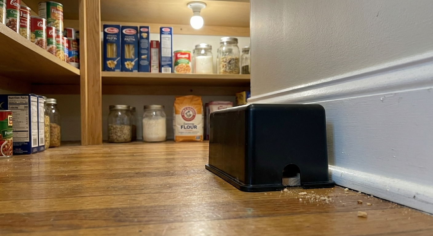 A covered mouse trap box placed along a wall in a pantry