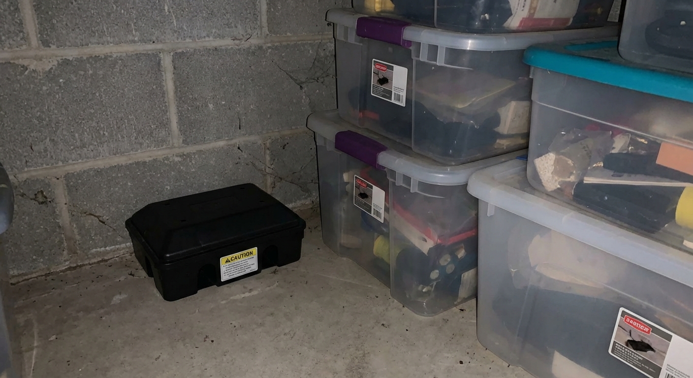 A covered mouse trap station placed against a garage wall near stored plastic bins