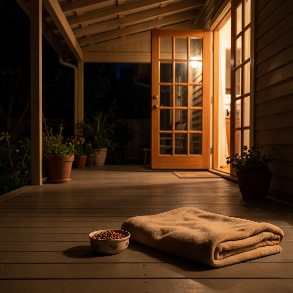 A covered porch with a small bowl of cat food and a soft blanket placed near a back door at night