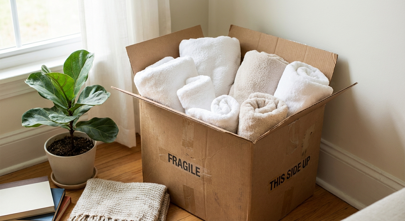 A cozy cardboard box lined with clean towels in a quiet corner of a home