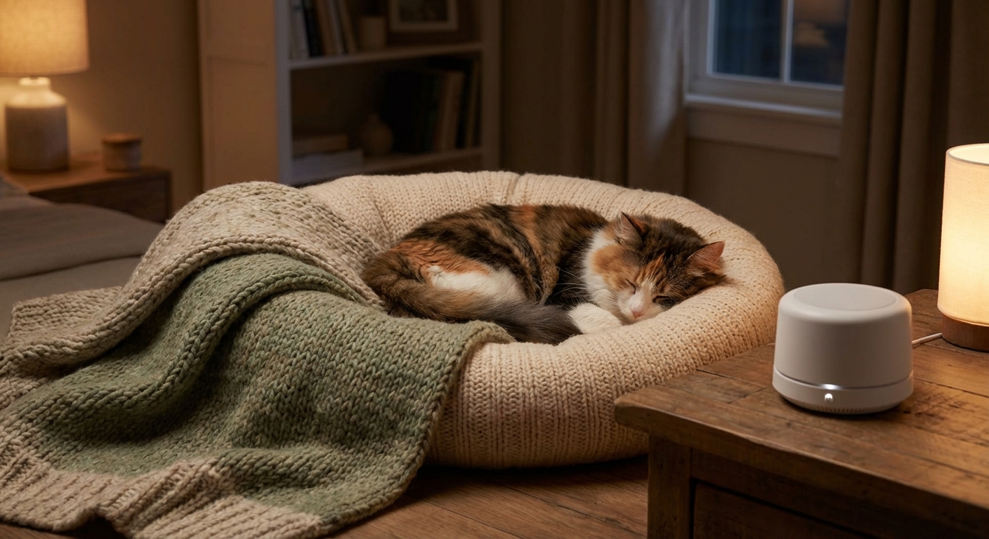 A cozy cat bed in a dim room with a blanket and a small white noise machine nearby