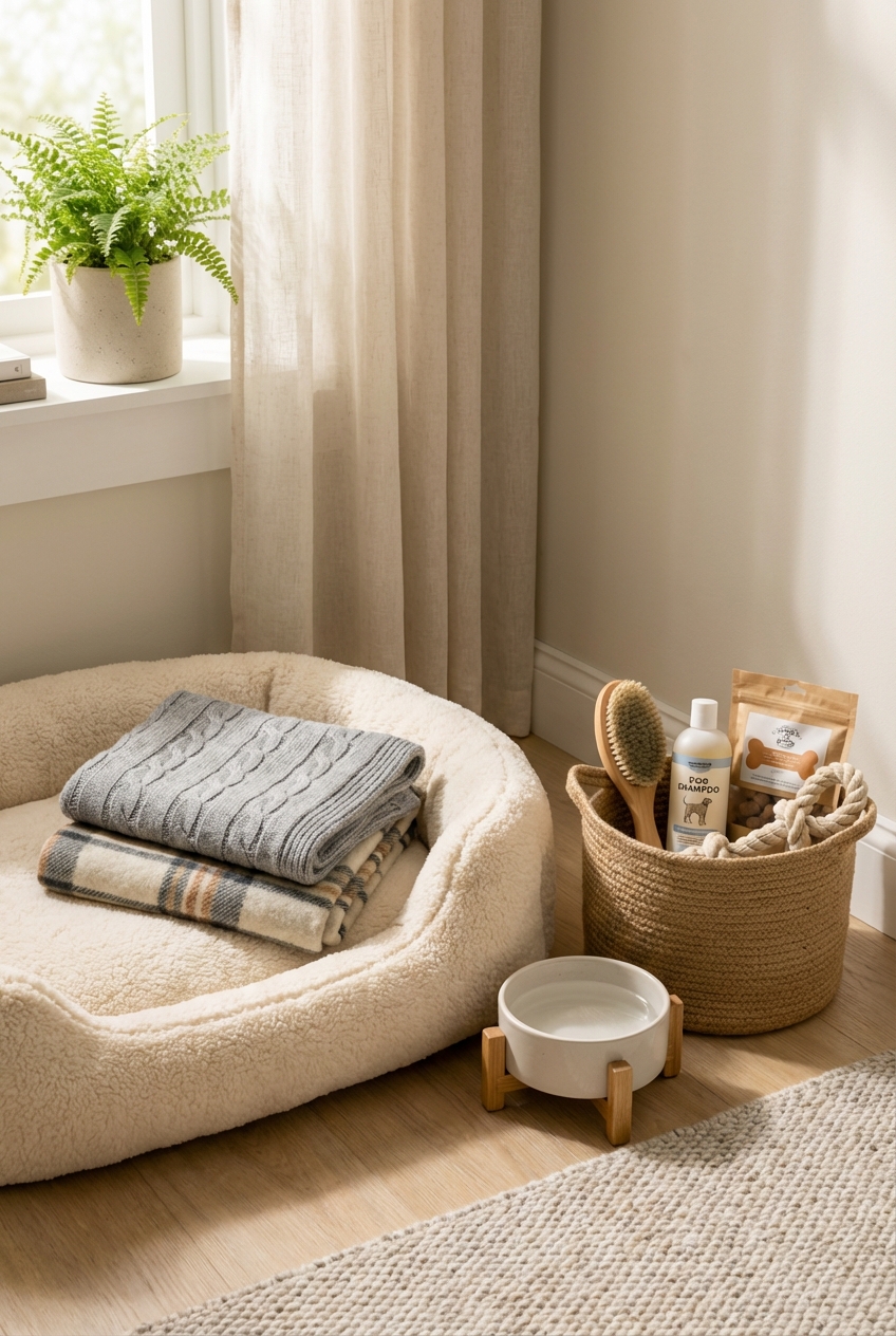 A cozy corner with a dog bed, folded blankets, water bowl, and a small basket of pet care supplies