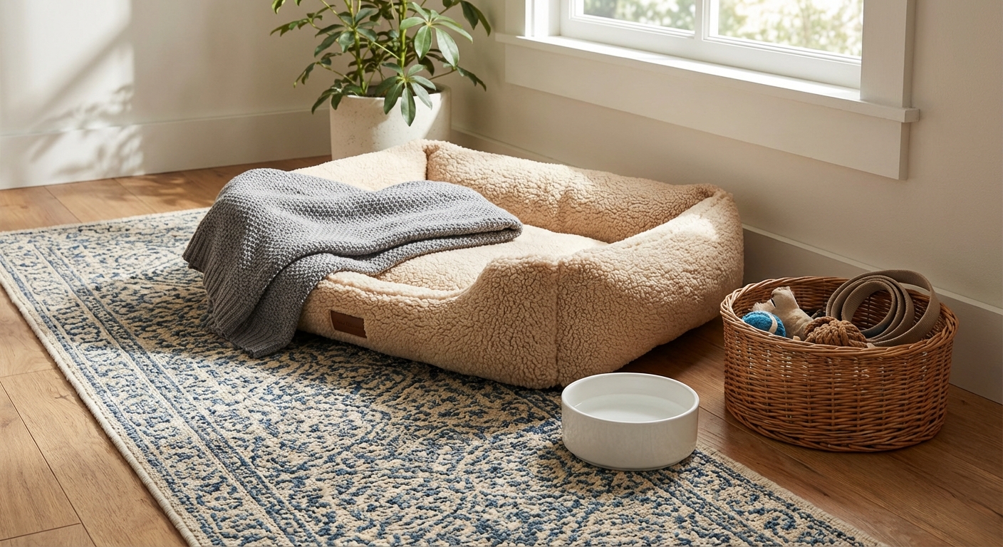 A cozy dog bed on a nonslip rug with a folded blanket, a water bowl nearby, and a small basket of supplies