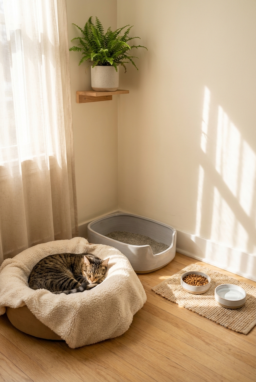 A cozy indoor cat corner with a low-sided bed, low-entry litter box, and food and water bowls nearby