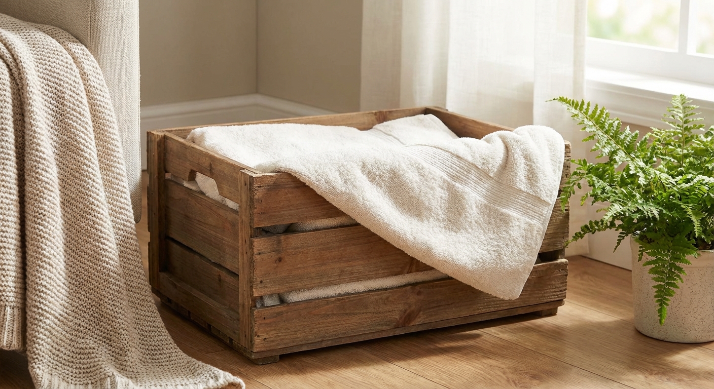 A cozy nesting box lined with clean towels placed in a quiet corner of a room