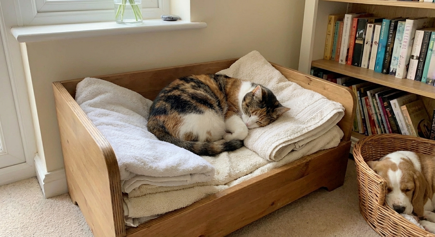 A cozy nesting box with clean towels placed in a quiet corner of a home