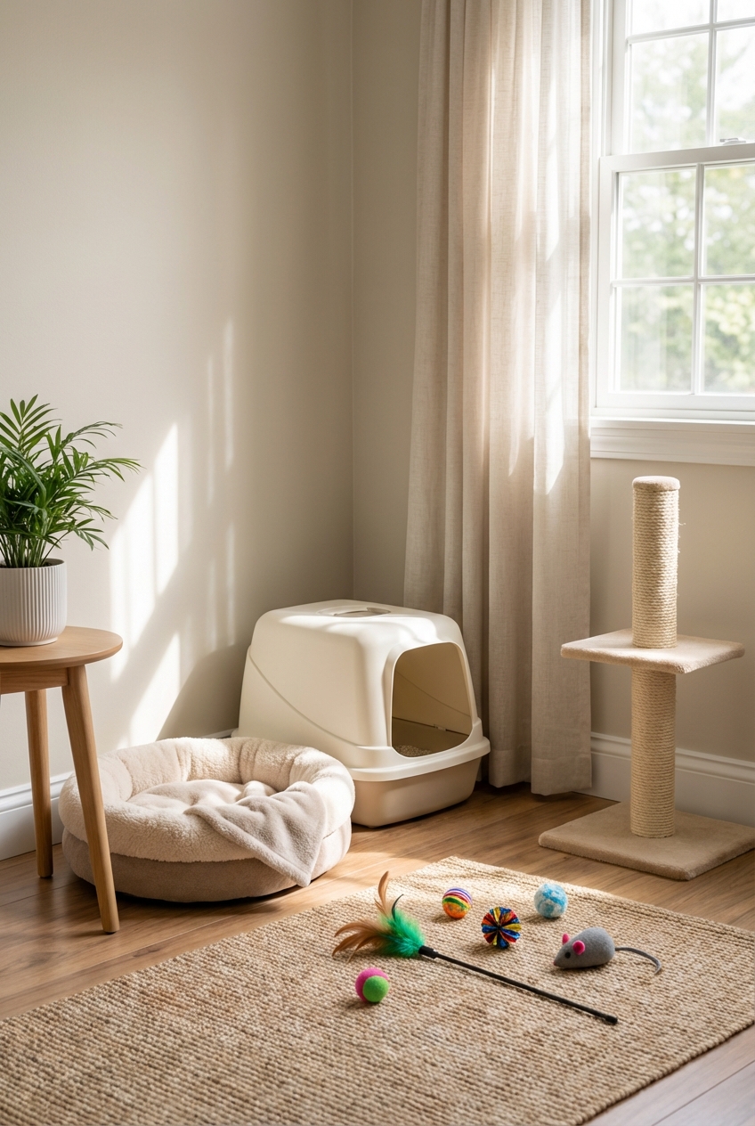 A cozy spare room with a small litter box, a kitten bed, a scratching post, and toys arranged neatly