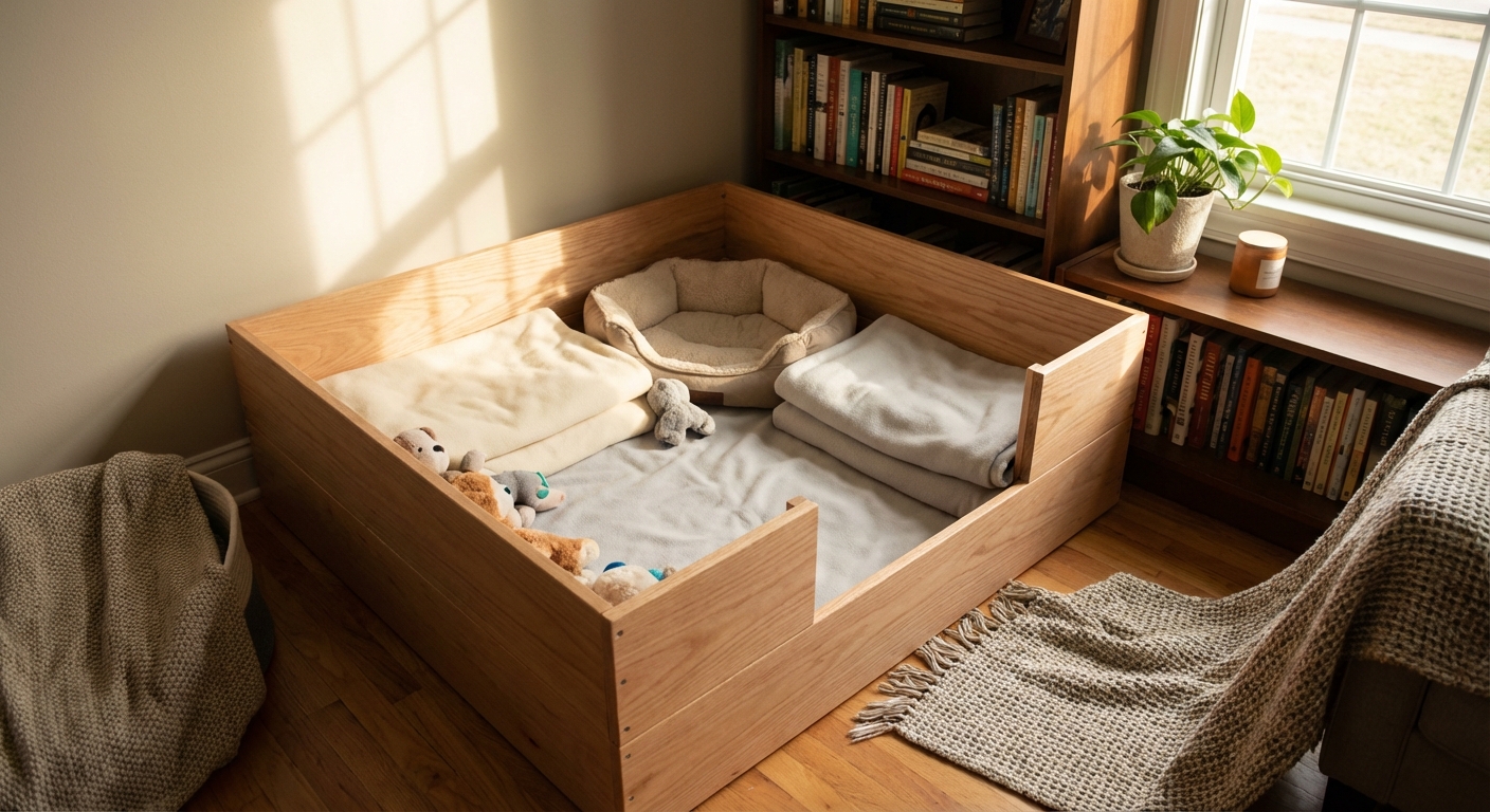 A cozy whelping box with clean blankets in a quiet corner of a home