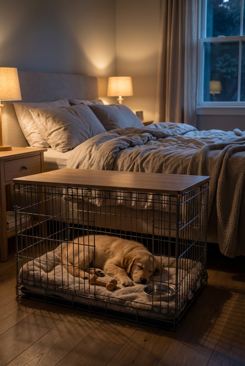 A crate placed beside a bed in a dim bedroom with a small puppy curled up inside