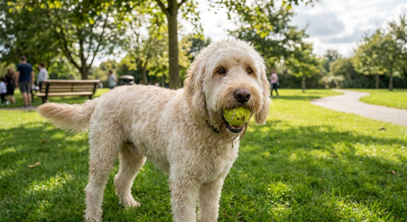 A cream Labradoodle holding a tennis ball in its mouth while standing on green grass at a public park, candid photo