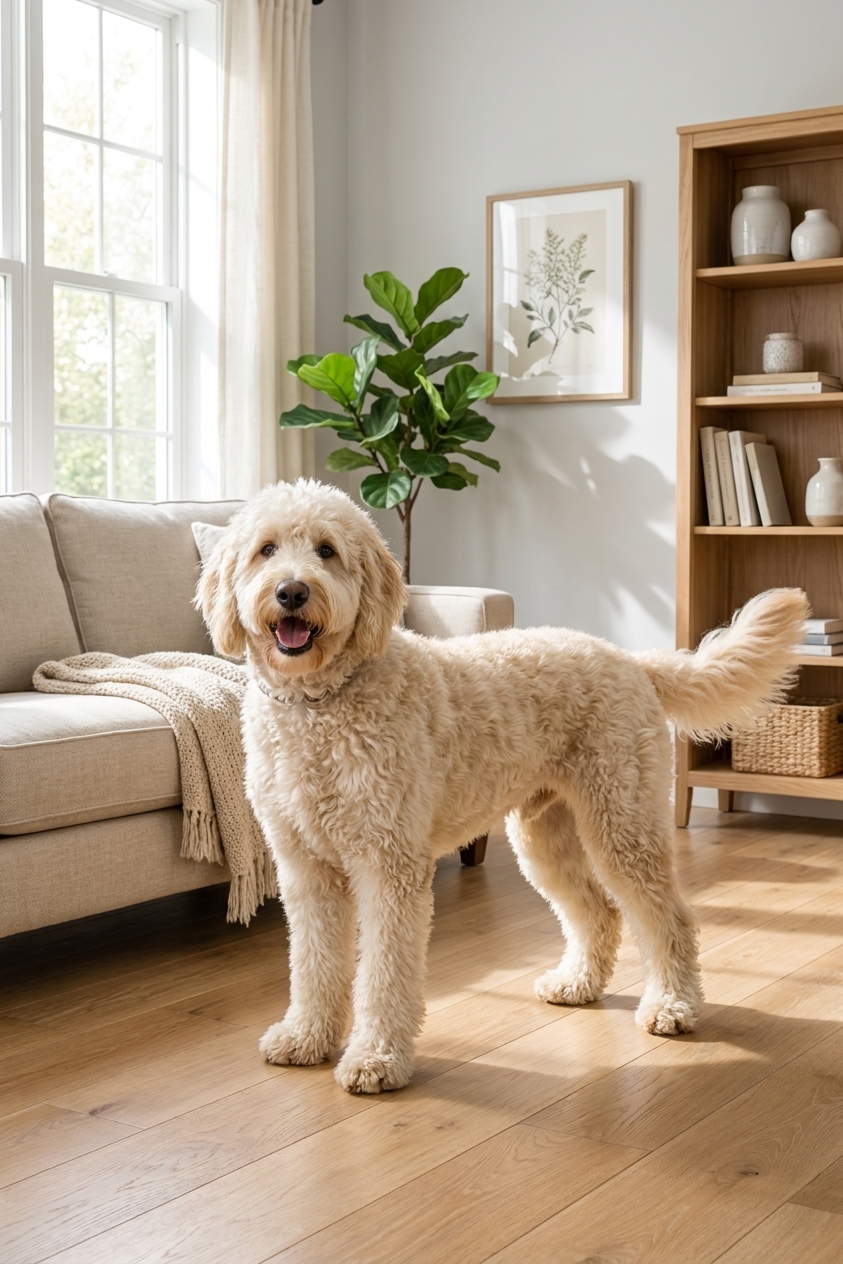A cream-colored adult Goldendoodle standing in a bright living room, real photography style