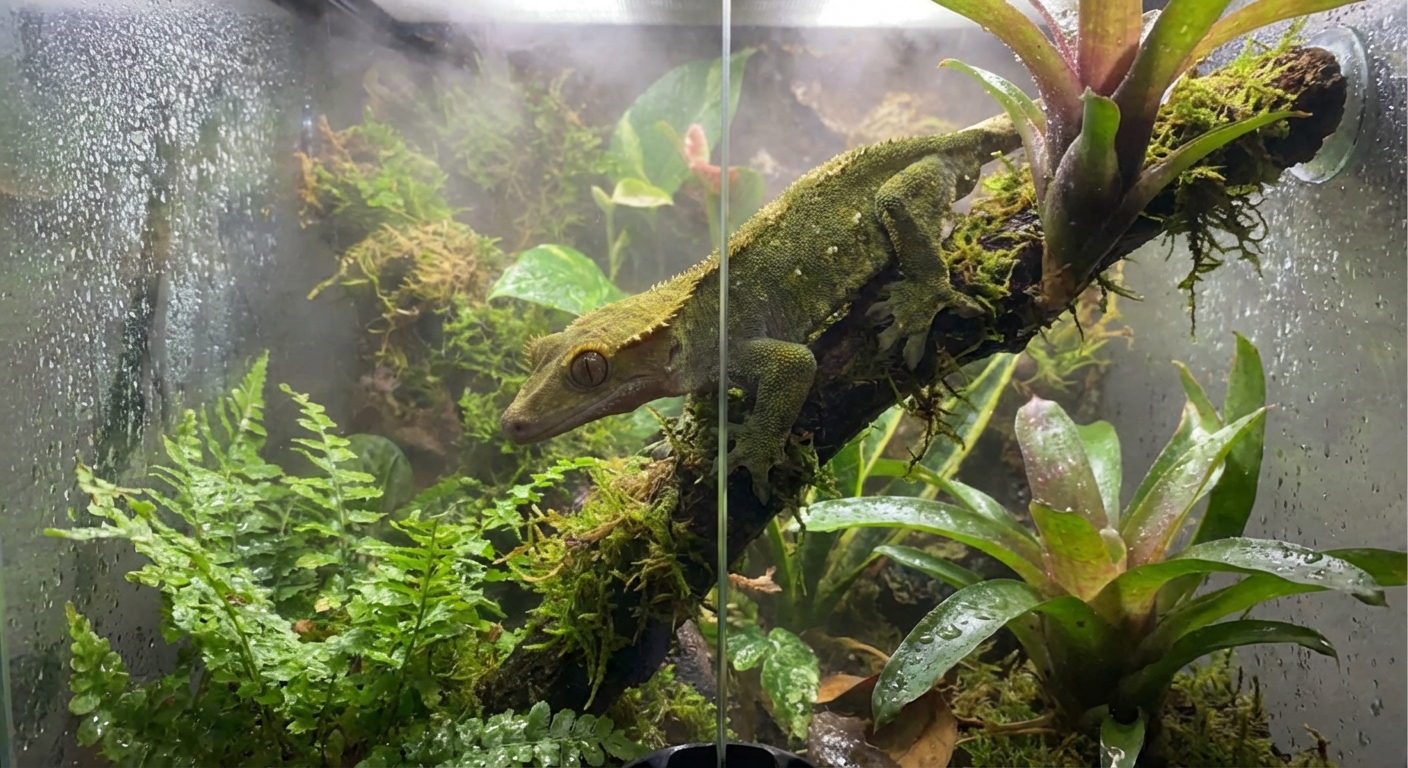 A crested gecko clinging to a leafy branch inside a humid terrarium