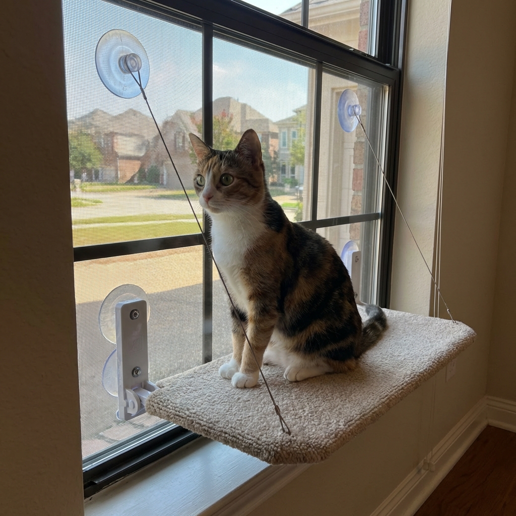 A curious cat sitting near a secure window screen with a cat perch attached