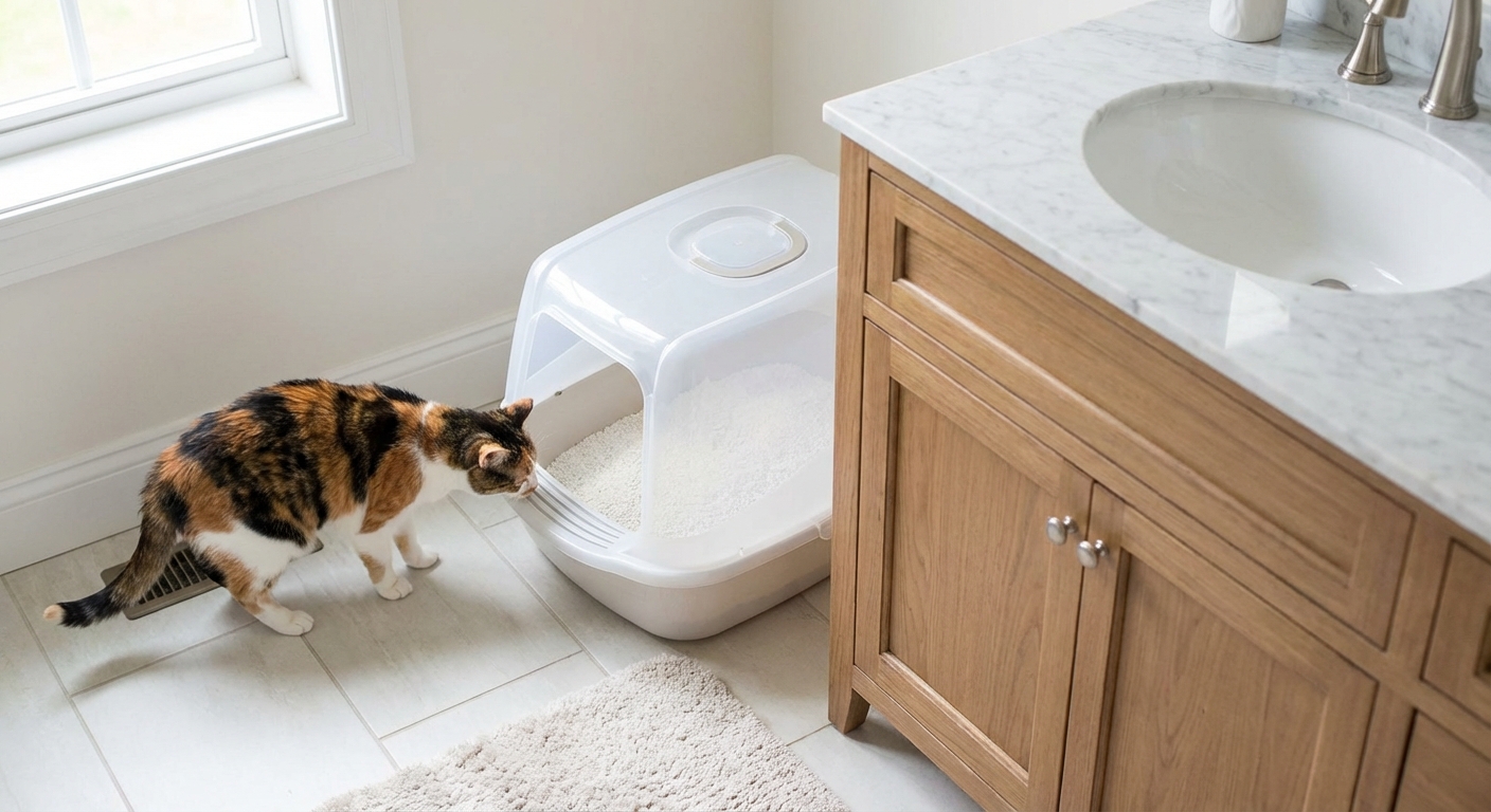 A curious cat sniffing a clean litter box placed near a bathroom vanity in a bright bathroom