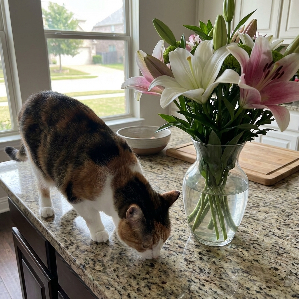 A curious cat sniffing a countertop with a bouquet of lilies nearby