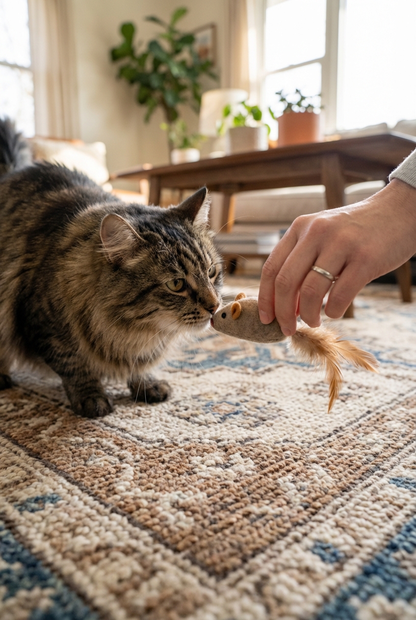 A curious cat sniffing a small cat toy on a living room rug while a person’s hand moves the toy away