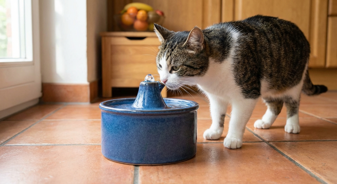 A curious cat sniffing a small ceramic water fountain on a tiled floor