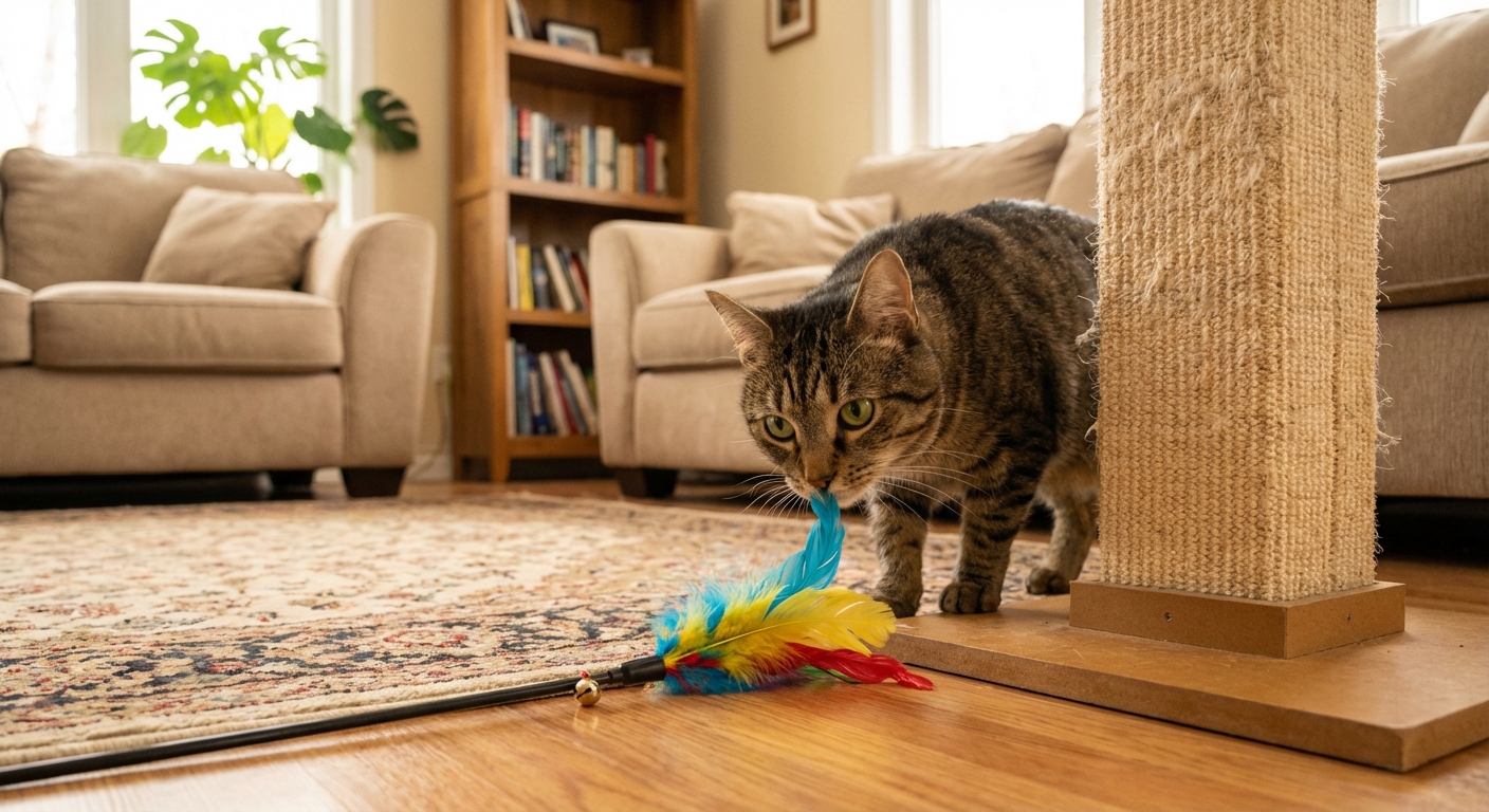 A curious cat sniffing a wand toy on a living room floor near a scratching post
