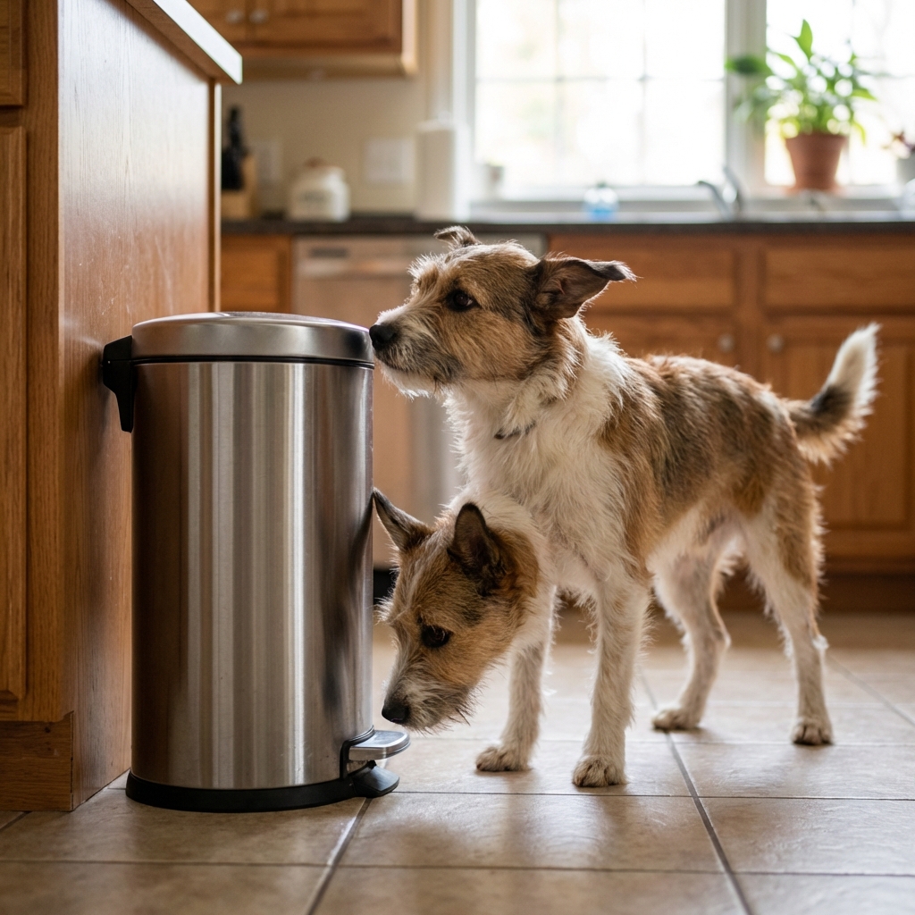 A curious dog sniffing near a closed kitchen trash can