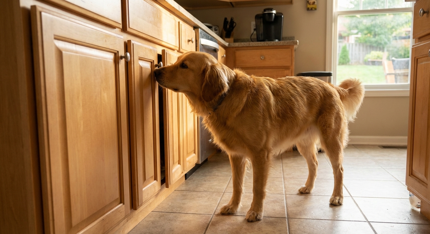 A curious dog sniffing near a kitchen cabinet door left slightly open