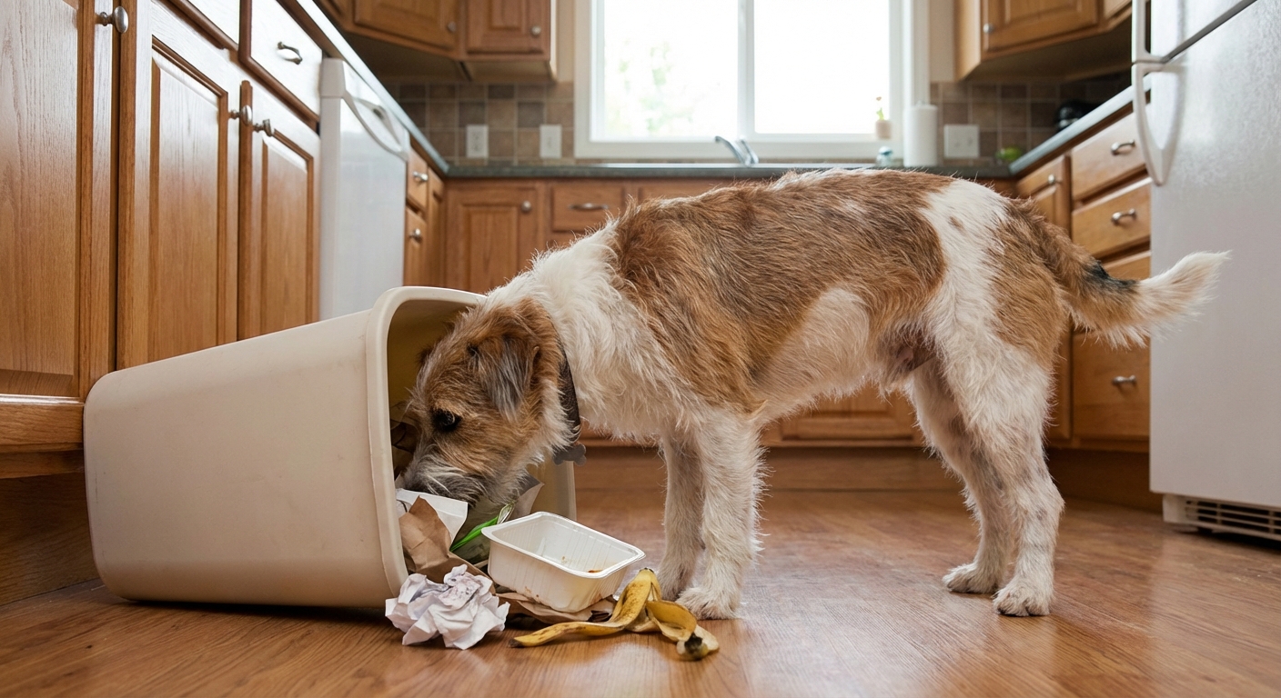 A curious dog sniffing near a tipped-over kitchen trash can in a home kitchen