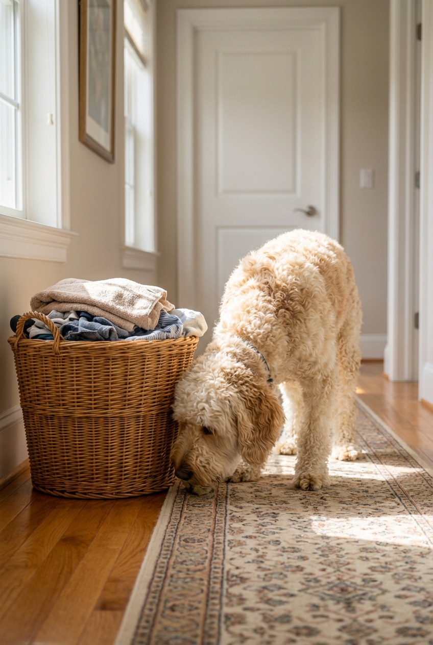 A curious doodle-mix dog sniffing near a laundry basket in a hallway