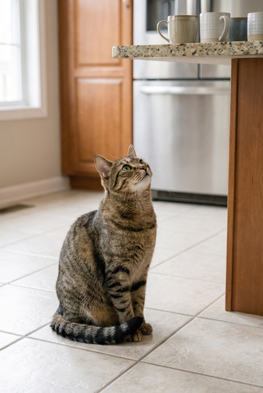 A curious house cat sitting on a kitchen floor looking up at a countertop