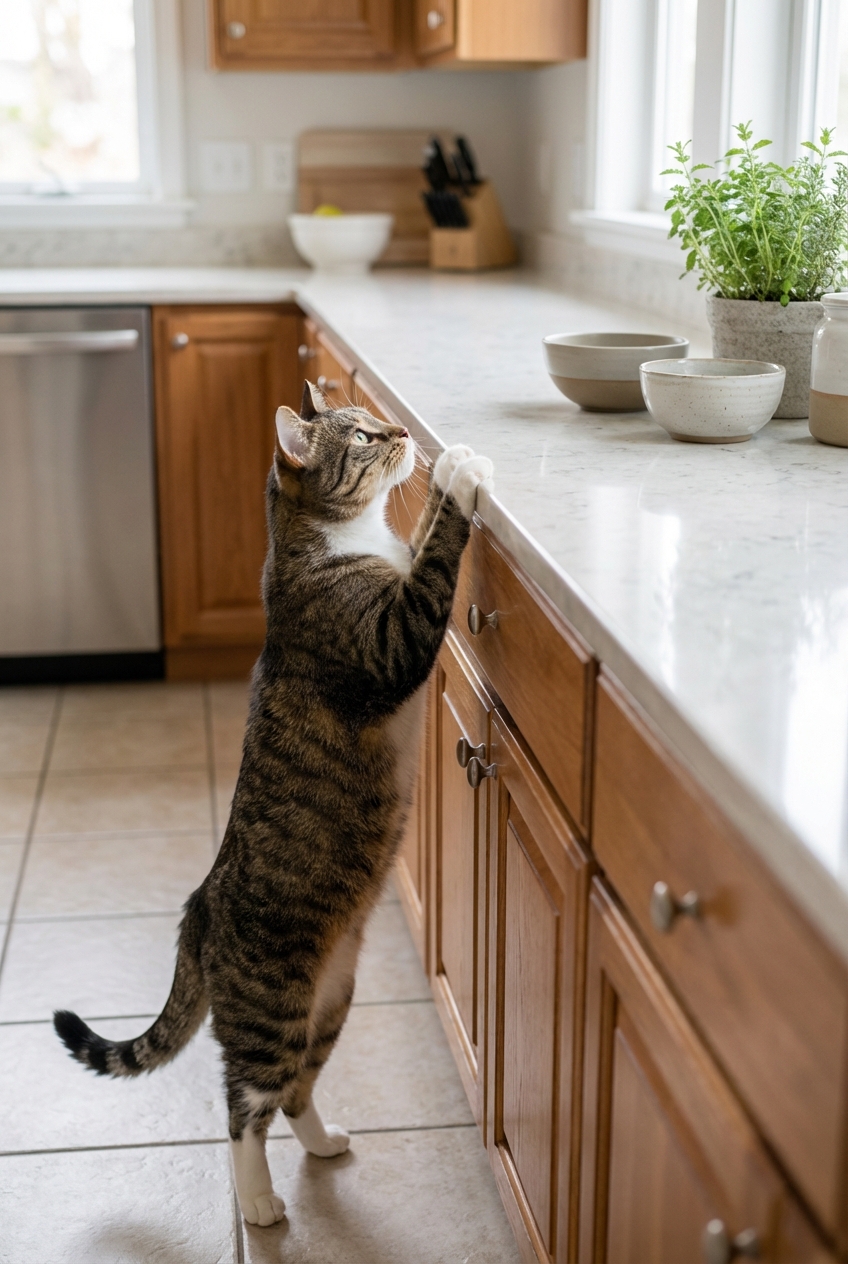 A curious house cat standing on a kitchen floor looking up at a clean countertop