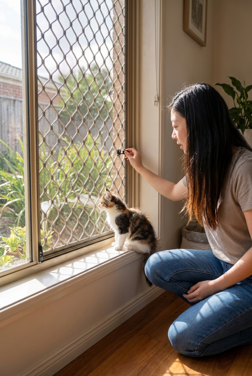 A curious kitten sitting near a secured window screen while a person checks the latch