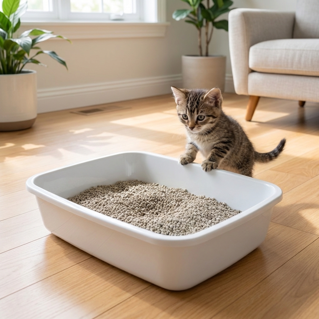 A curious kitten standing next to a clean litter box in a bright room