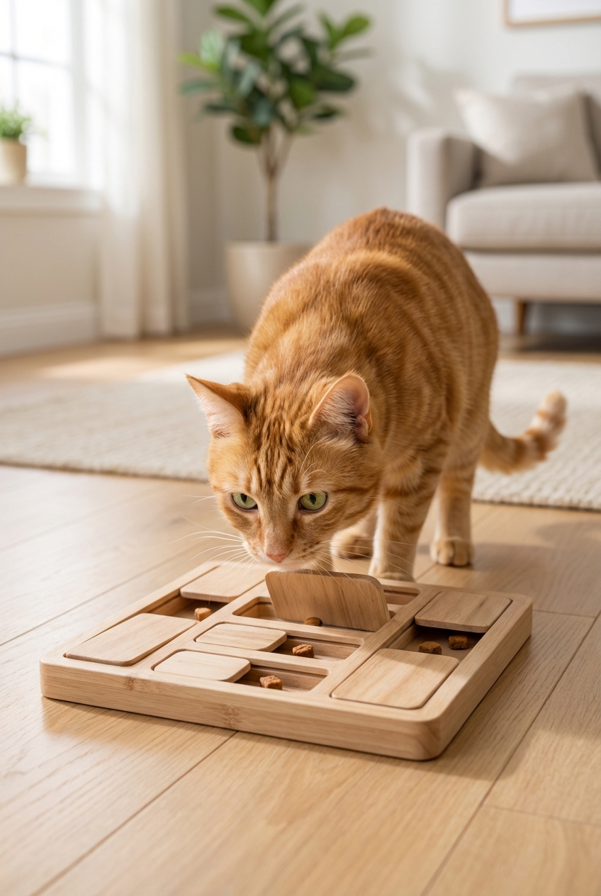 A curious orange cat sniffing a treat puzzle toy on a clean living room floor