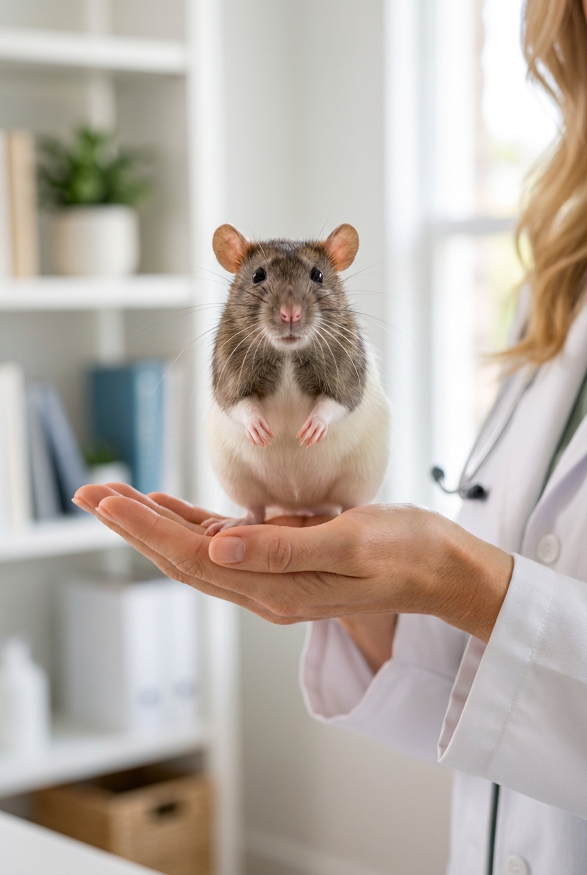 A curious pet rat standing on a person’s hand in a bright, clean room